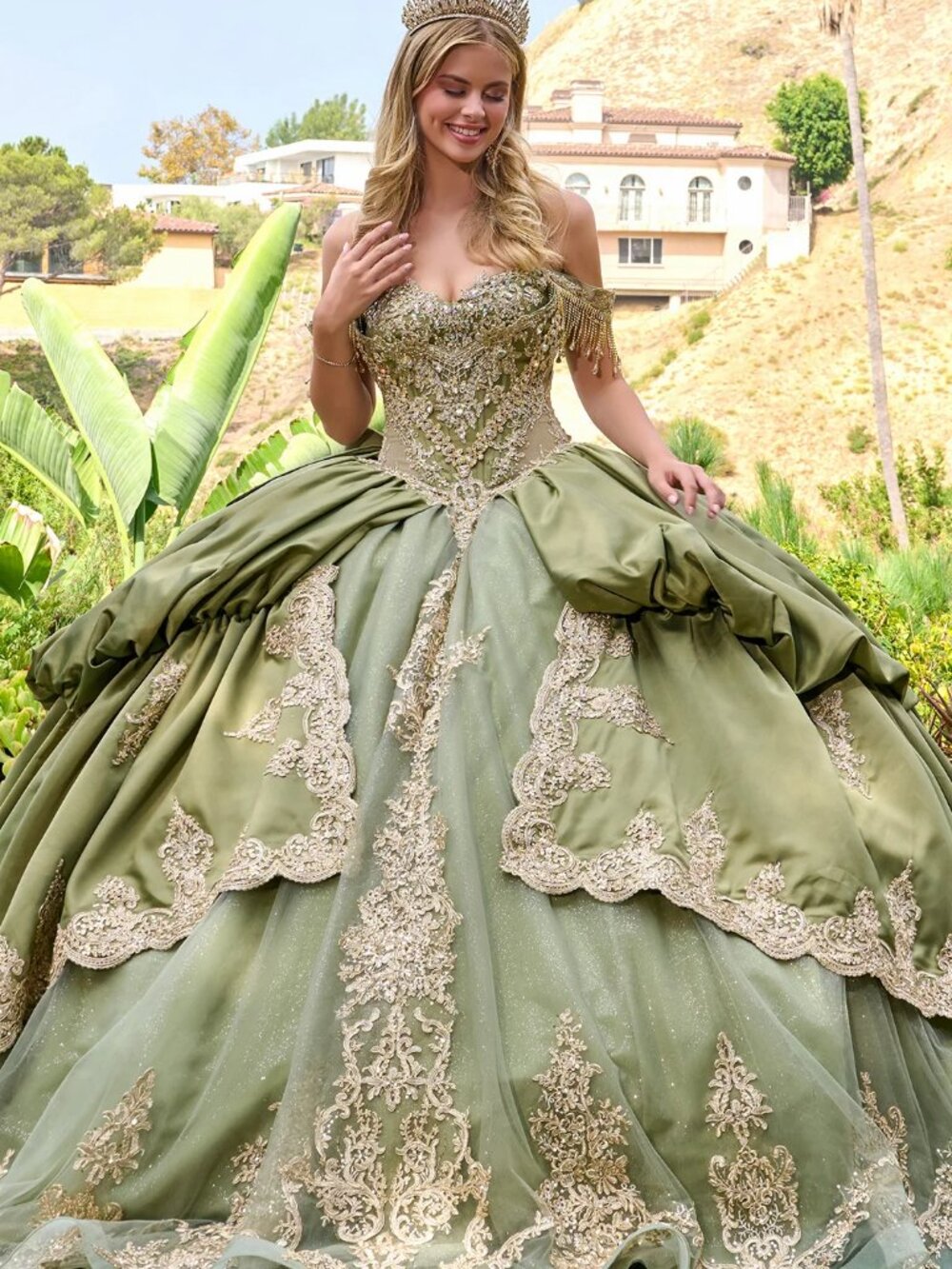 New Olive Off The Shoulder Quinceanera Gown w/ Rhinestones Embroidery GL3810